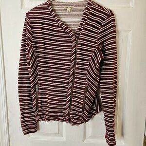Lucky Brand Sweater Womens Medium Zip Up Asymmetrical Cranberry White Cotton